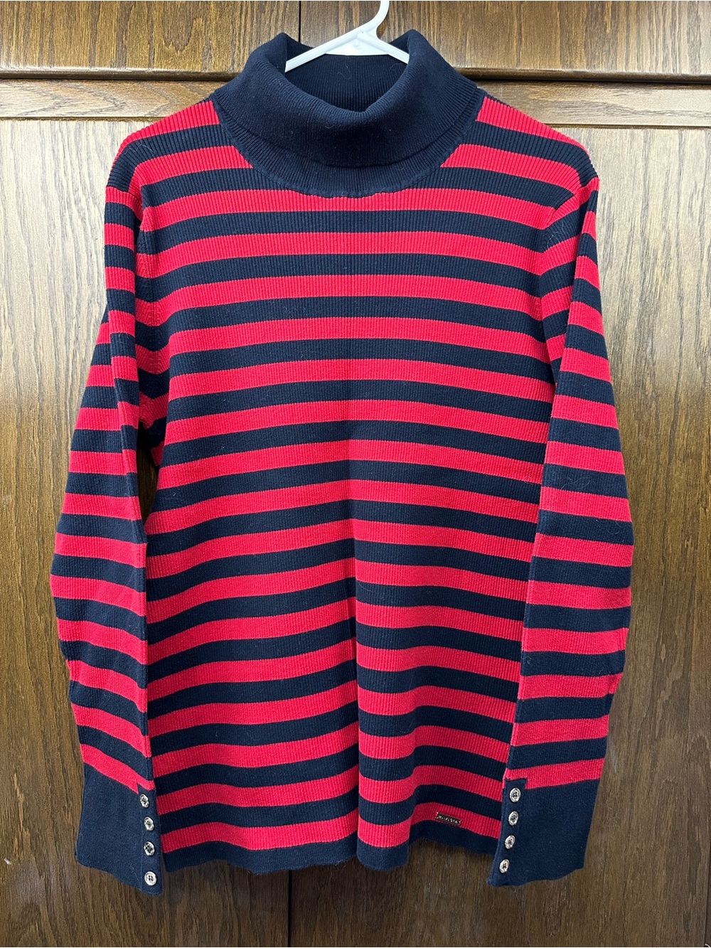 Tommy Hilfiger Red and Black Striped Turtleneck Sweater